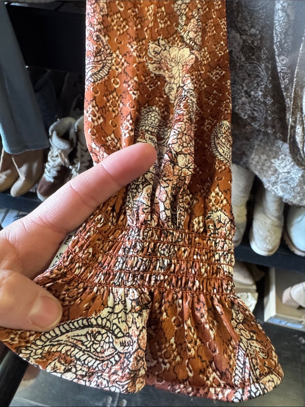 Mystree Brown and Rust Printed Surplice Blouse - Picture 2 of 5